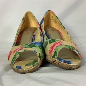 Life Stride Tan Floral Peep Toe Espadrilles Sz 8M